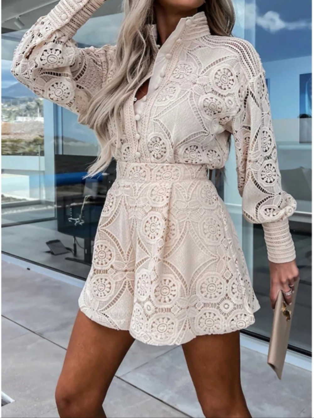 Women’s Crochet Lace Short Set in Cream